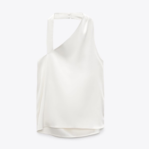 Zara NWT Asymmetrical satin white halter top with draped open back detail - Picture 6 of 9